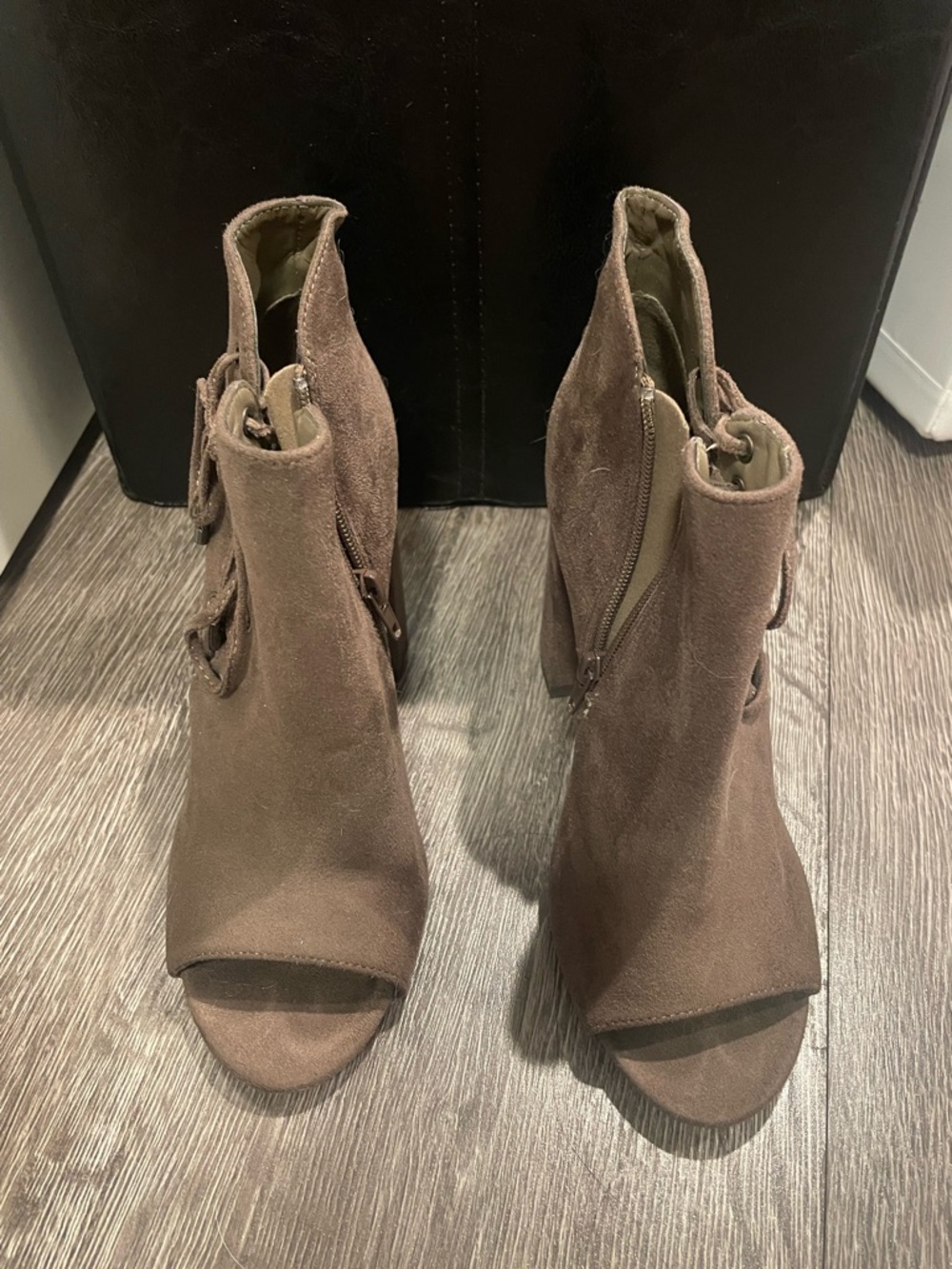 Suede Peep-Toe Ankle Booties in Taupe